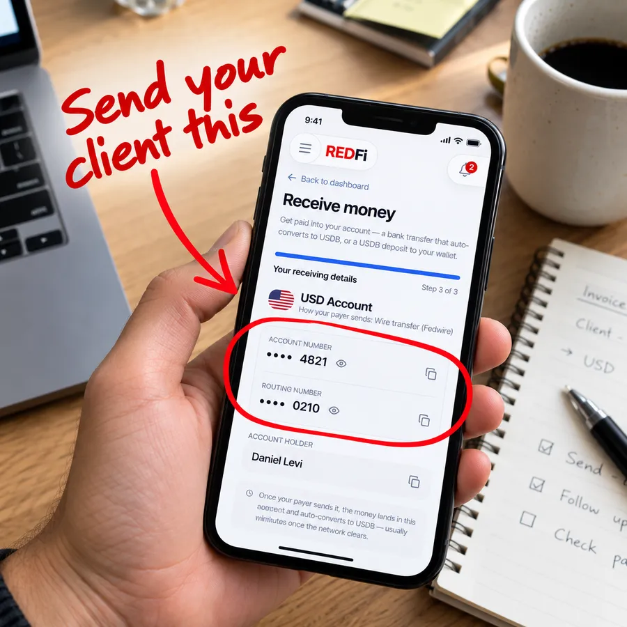 The REDFi Receive money screen with the account number and routing number
