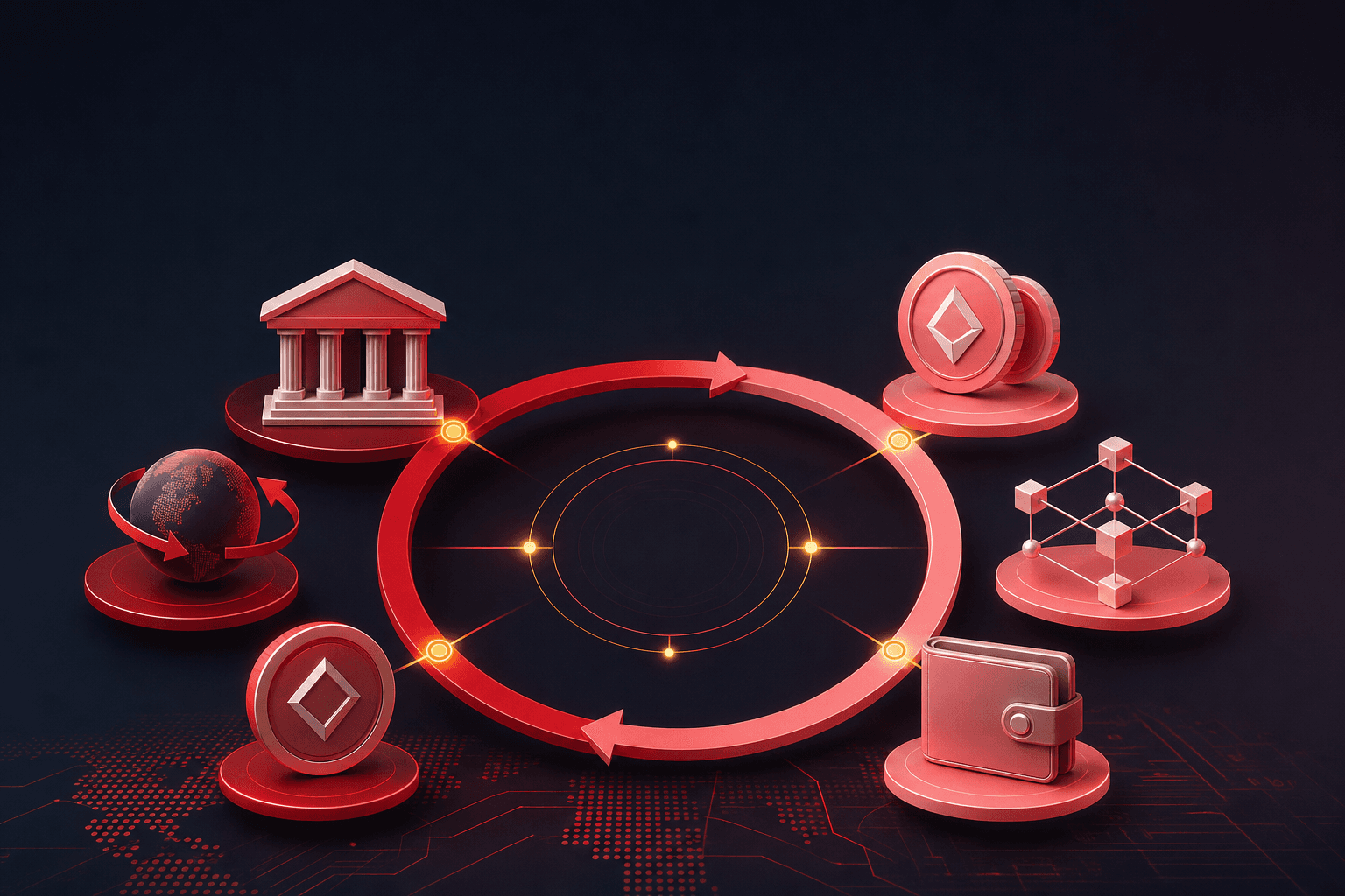 Ilustração editorial para o artigo "Como Empresas Globais Movem Dinheiro Entre Fiat e Cripto em 2026".