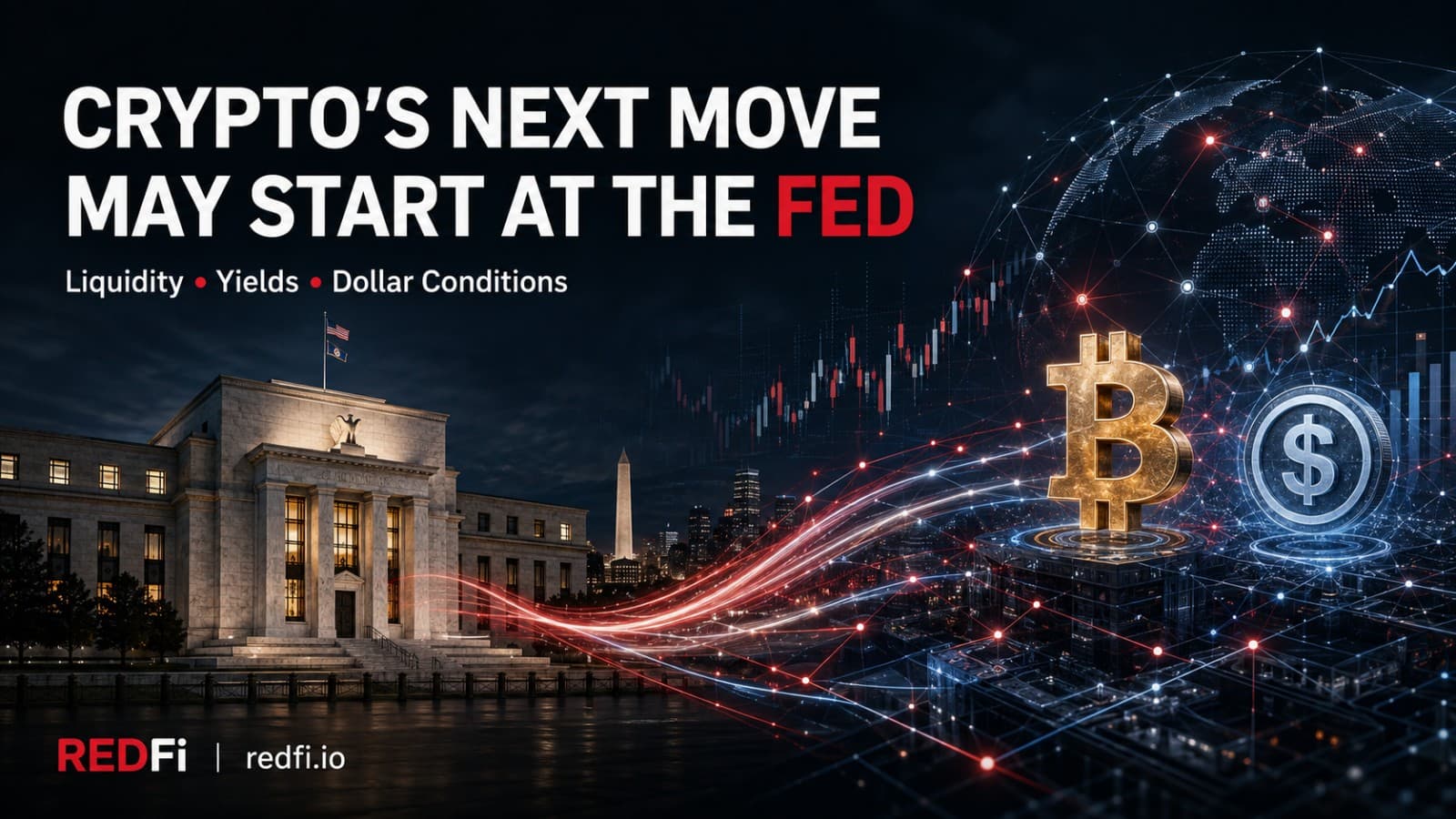 Federal Reserve building connected by streams of liquidity to Bitcoin, a digital dollar, and a global blockchain network.
