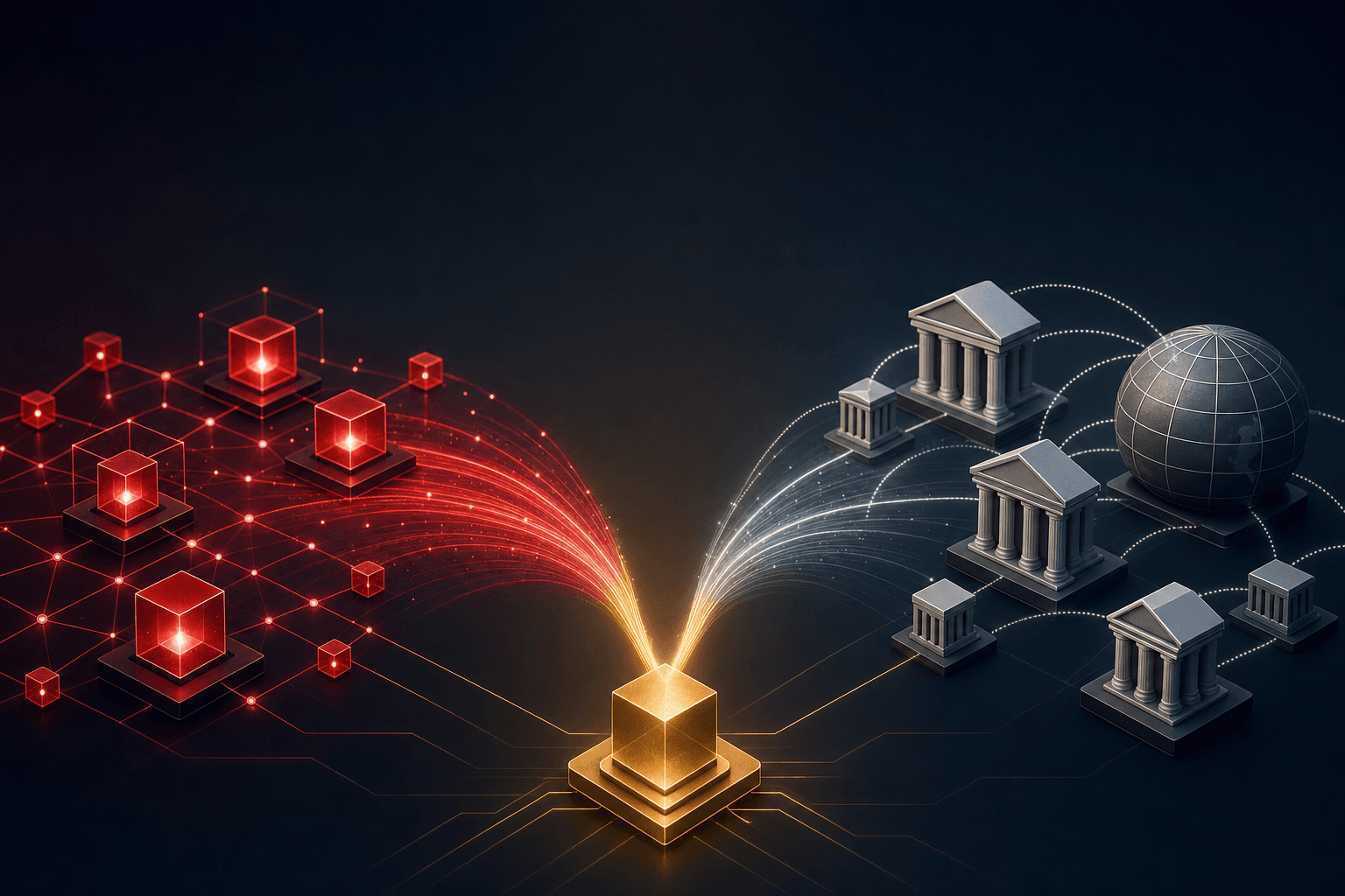 Ilustração editorial para o artigo "Pagamentos Internacionais: Stablecoins ou SWIFT em 2026?".